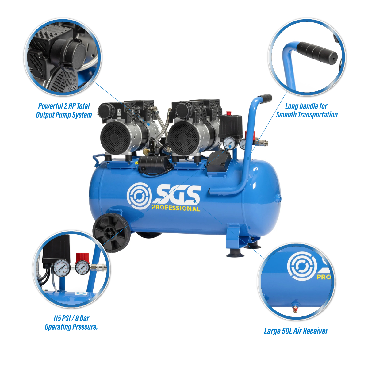 SGS Pro Super Silent 50 Litre Air Compressor | 9 CFM | 2 HP | 115 PSI
